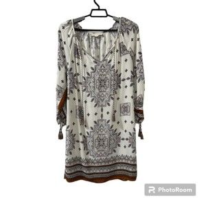 Lovestitch Womens Tribal Print LS Tassel Boho Gypsy Mini Shift Dress Size Medium